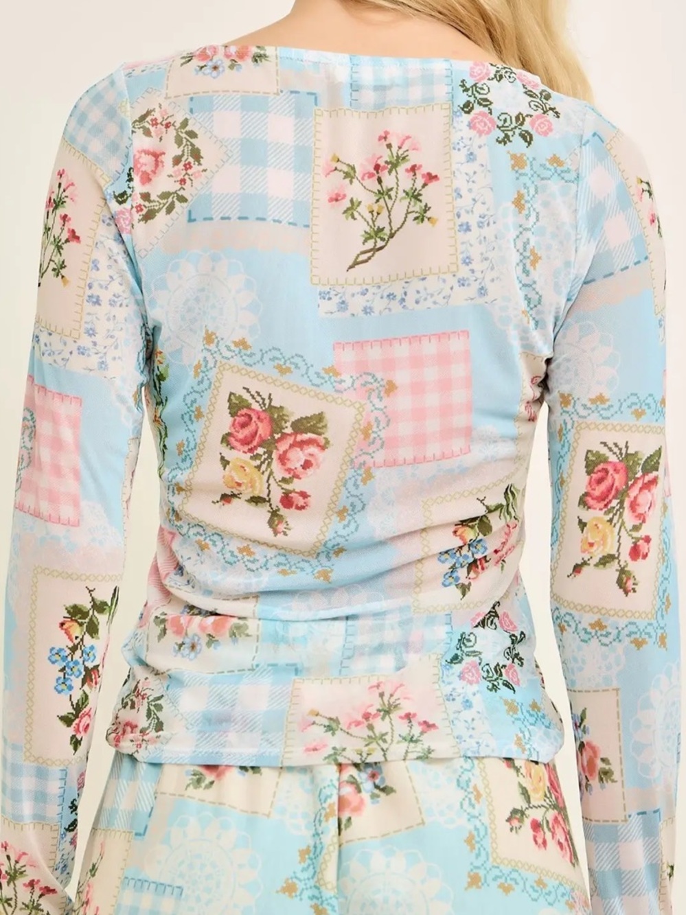 💕Women’s Long Sleeve Mesh Patchwork Print Floral Top - Picture 5 of 6